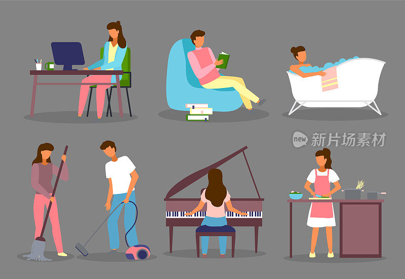 Woman and man working with computer, reading book, taking bath, cleaning floor, play piano, cook